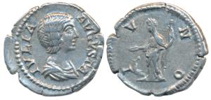 Roman, Julia Domna, Silver Denarius, 2.68g, obv. draped bust to right with legend IVLIA AV
