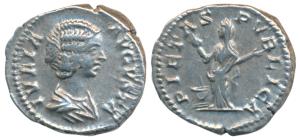 Roman, Julia Domna, Silver Denarius, 3.7g, obv. draped bust to right with legend IVLIA AVG