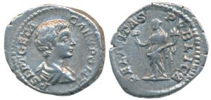 Roman, Geta Caesar, Silver Denarius, 3.45g, obv. young bust, draped and cuirassed with leg