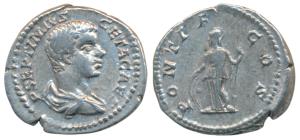 Roman, Geta Caesar, Silver Denarius, 3.44g, obv. young bust, draped and cuirassed with leg