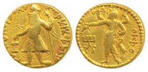 Kushanas, Kanishka I (c. 127/8-152 AD), Gold Dinar, 7.88g, obv. caped and crowned king sta