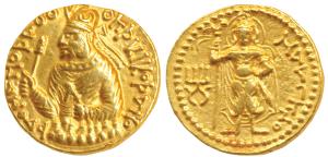 Kushanas, Huvishka (152-190 AD), Gold Dinar, 7.96g, obv. nimbate, diademed and crowned hal