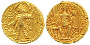 Later Kushanas, Shaka, Gold Dinar, 7.68g, obv. king nimbate, standing left, holding staff 