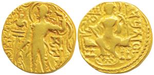 Guptas, Samudragupta, Gold Dinar, 7.54g, ’Archer’ type, obv. king nimbate, standing left, 