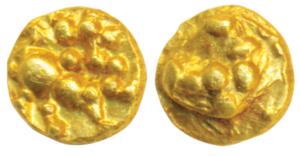 Hoysalas, Gold Fanam, 0.37g, obv. Lion walking to right with upraised paw, rev. floral scr