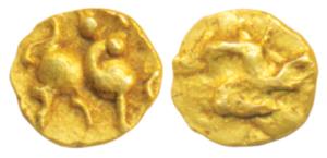 Hoysalas, Gold Fanam, 0.1g, obv. Lion to right, rev. an obliterated design. Very Fine+.