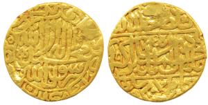 Akbar, Gold Mohur, 10.14g, Dar-ul- Khilafat Agra Mint, AH 975, Kalima on obv. (KM 106.1). 
