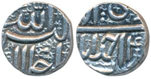 Akbar, Silver ½ Rupee, 5.66g, Ahmedabad Mint, Ilahi type, Month Di, Year 4x (KM 66.1). Ext