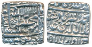 Akbar, Silver Square Rupee, 10.95g, Dar us-Sultanate Lahore Mint, AH 987, Kalima type, (KM