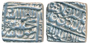 Akbar, Silver Square Rupee, 11.3g, Dar us-Sultanate Lahore Mint, AH 987, Kalima type, (KM 