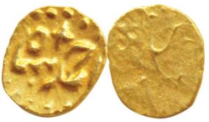 Ahmed Shah Bahadur, Gold Fanam, 0.18g, Kharpa / Karpa Mint, (KM B450.1). Extremely Fine, S