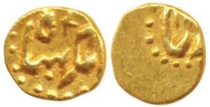 Ahmed Shah Bahadur, Gold Fanam, 0.18g, Kharpa / Karpa Mint (KM B450.1). Extremely Fine, Sc