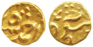Ahmed Shah Bahadur, Gold Fanam, 0.19g, Siddhaut Mint. About Extremely Fine, Very Rare.