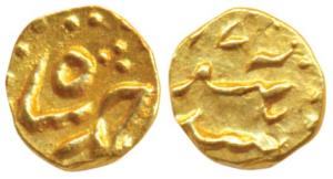 Ahmed Shah Bahadur, Gold Fanam, 0.15g, Siddhaut Mint. About Extremely Fine, Very Rare.