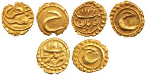 Tipu Sultan, Gold Fanam (3), Farrukhi, Nagar and Patan Mints, all with complete mint and d