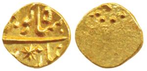 Gold ½ Fanam, 0.17g, in the name of Shah Ali Gauhar (Shah Alam II), mint name off flan, st