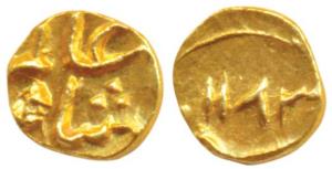 Gold ½ Fanam, 0.17g, in the name of Shah Ali Gauhar (Shah Alam II), mint name off flan, AH