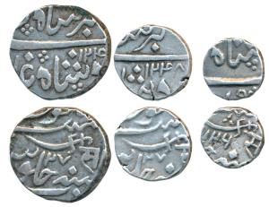 Sayaji Rao II, Silver Rupee, ½ and ¼, in the name of Muhammad Akbar II, all coins with Nag