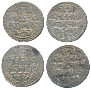 Nara Narayan, Silver Tanka (2), SK 1477, Bengali script in four lines (KM 34.2). Very Fine