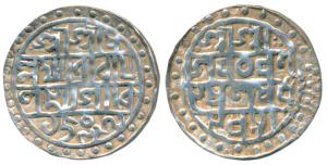 Lakshmi Narayan, Silver Tanka, SE 1509, CB92, Bengali script in four lines (KM 45). Broad 