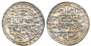 Lakshmi Narayan, Silver Tanka, SE 1509, dot at end of first line (KM 44). Broad flan, Very