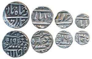 Jhalawar Mint, set of 4, Silver Rupee, ½, ¼ and 1/8, the first Old Madan Shahi series, the