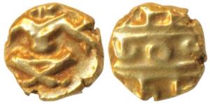 Krishna Raja Wodeyar, Gold Fanam, 0.37g, obv. seated Narasimha, rev. Kanarese legend Kanth