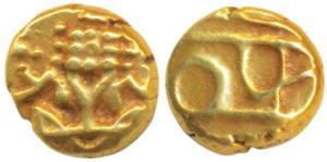 Krishna Raja Wodeyar, Gold Fanam, 0.37g, obv. seated Narasimha, rev. Kanarese legend Kanth