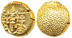 Negapatnam, Gold Pagoda, 3.4g, Lazy J with Lord Vishnu standing, facing front on obv., gra