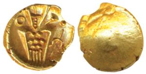 Coromandel Coast, Tuticorin Gold Fanam, 0.35g, obv. degenerate Kali with a trident to righ