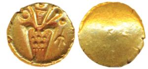 Coromandel Coast, Tuticorin Gold Fanam, 0.36g, obv. degenerate Kali with a trident to righ