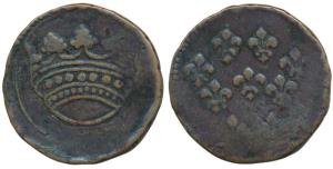Pondicherry Mint, Bronze Fanon, 9.4g, obv. large crown, rev. nine fleur-de-lis, no date, i