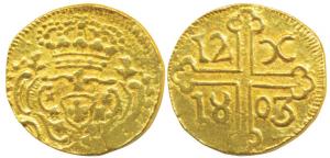 Goa, Maria I (1777-1816 AD), Gold 12 Xerafins, obv. crowned arms, rev. cross divides value