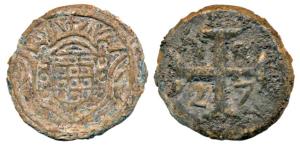 Diu, Pedro IV (1798-1834 AD), Zinc 20 Bazarucos, 16.47g, 1827 AD, obv. crowned arms, rev. 