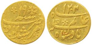 Murshidabad Mint, Gold ¼ Mohur, 3.03g, AH 1204/19, in the name of Shah Alam II, oblique mi