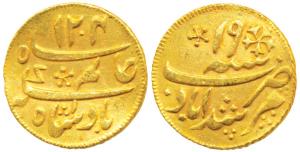 Murshidabad Mint, Gold ¼ Mohur, 3.12g, in the name of Shah Alam II, AH 1204/19, oblique mi