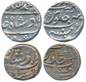 Silver Rupee (2), Mumbai Mint, in the name of Muhammad Shah and Alamgir II, AH 115X/25, bo