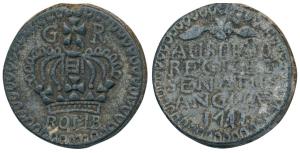 Bombay Mint, Tin 2 Pice, 29.88g, GR above a large crown divided by an orb and cross with B