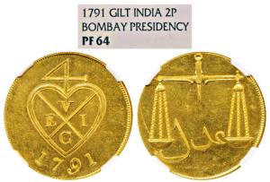 Gold Gilt Copper Proof 2 Pice / 8 Reas, 1791, bale mark with date below on obv., Scales on