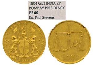 Gold Gilt Copper 2 Pice, 1804, coat of arms of the EIC and date below on obv., scales with