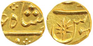 Gold 1/3 Mohur or Panchia, 3.86g, struck at the Ahmedabad Mint, (circa 1800-1815 AD), Yr X