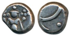 Silver Double Fanam, 1.84g, reduced weight, crude, Vishnu standing on obv., interlocked C’