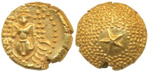 Star Gold Pagoda, 3.4g, single Swami (Balaji-Tirupati) standing, facing front on obv.; sta