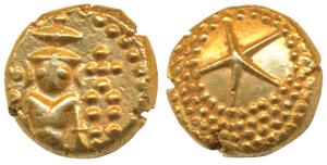 Star Gold Pagoda, 3.39g, single Swami (Balaji-Tirupati) standing, facing front on obv.; st