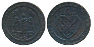 Copper Dub or 1/48 Rupee, 13.03g, 1794, coat of arms of the EIC on obv., bale mark on rev.