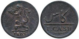 Copper Cash, 1803, Lion holding a crown to left on obv., Value in English and Persian on r