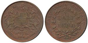Copper ½ Anna, 1835, Bombay Mint, Shorter bar to digit ’5’ in date, (Prid 131). Very Fine+