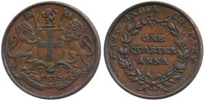 Copper ¼ Anna, 1835, Bombay Mint, 17 Berries (8 L+9 R), Y of COMPANY above a berry, distin