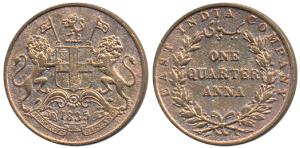 Copper ¼ Anna, 1835, Madras Mint, 23 Berries (12 L+11 R), flat top to numeral 1, Issued af