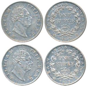 William IV, Silver Rupee, 1835 (2), Calcutta Mint, F incuse, dot after F, A / II, Bud Leav